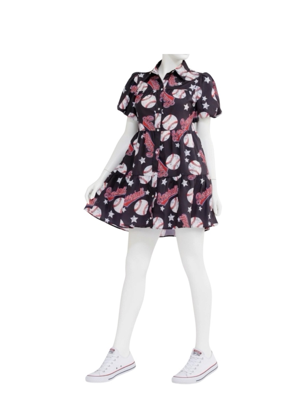 FANTASTIC FAWN black baseball print puff sleeve oversized style dress S M L